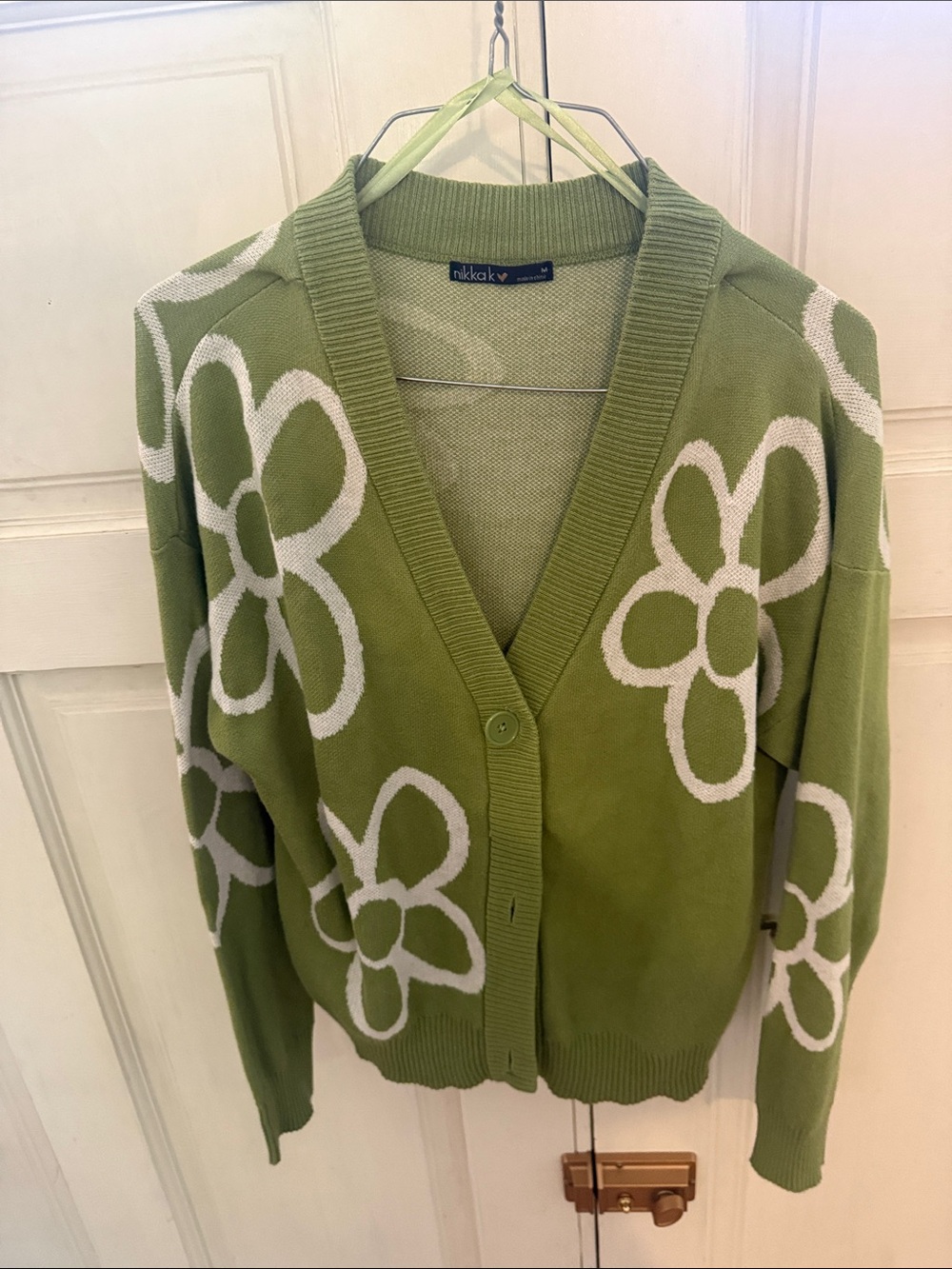 dkdk green floral V-neck button cardigan
